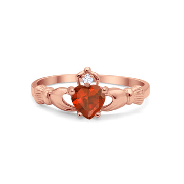 Irish Claddagh Heart Promise Ring Rose Tone, Simulated Garnet CZ 925 Sterling Silver